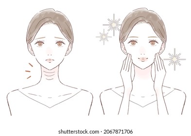 Before and after of a woman suffering from wrinkles in the neck. On white background.