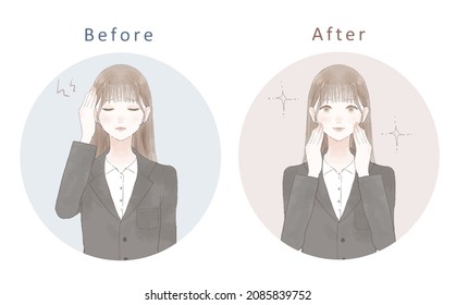 Before and after of a woman in a suit suffering from headaches.