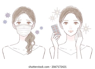 Before and after of a woman who got sick. On white background.