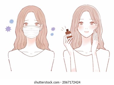 Before and after of a woman who got sick. On white background.