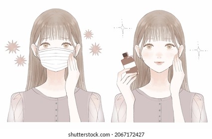 Before and after of a woman who got sick. On white background.