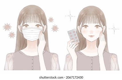 Before and after of a woman who got sick. On white background.