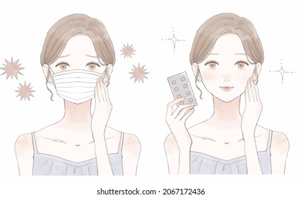 Before and after of a woman who got sick. On white background.