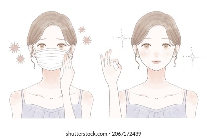 Before and after of a woman who got sick. On white background.