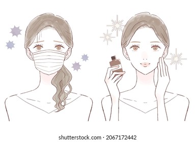 Before and after of a woman who got sick. On white background.