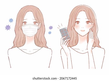 Before and after of a woman who got sick. On white background.