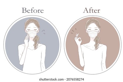 Before and after of a woman who has a cold and flu. Woman wearing nonwoven mask. On white background.