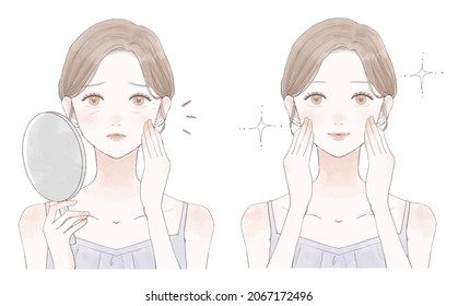 Before and after of a woman who suffers from fine weather. On white background. svg
