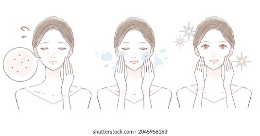 Before and after of women suffering from darkening pores. On white background.