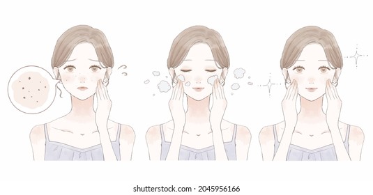 Before and after of women suffering from darkening pores. On white background.