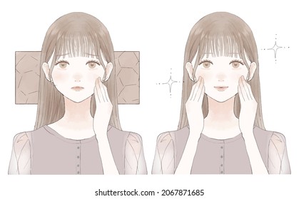 Before and after of women suffering from dry skin. On white background.