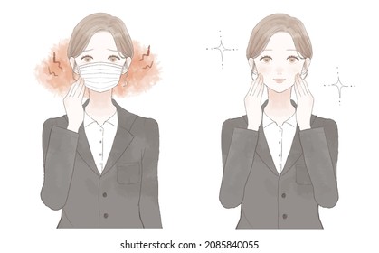 Before and after of women suffering from friction and skin inflammation due to wearing a mask.