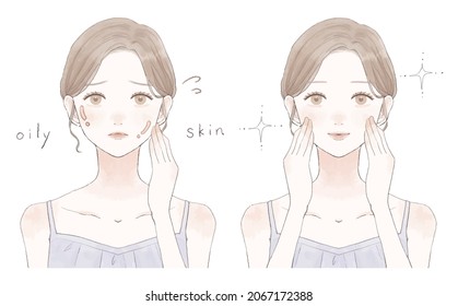 Before and after of women suffering from oily skin (oily skin). On white background.