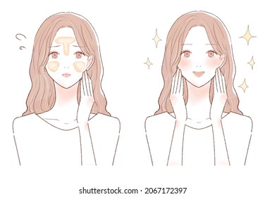 Before and after of women suffering from oily skin (oily skin). On white background.