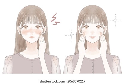 Before and after of women suffering from skin inflammation. On white background.
