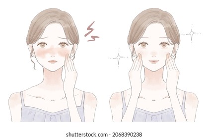 Before and after of women suffering from skin inflammation. On white background.