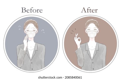 Before and after of women who suffer from steaming due to wearing a mask.