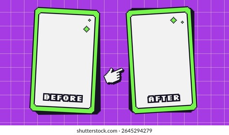 Before and after y2k pixel template. Retro 8 bit frames for photo comparison. Competition 90s layout borders with game decoration. Empty vs challenge concept. Vector background illustration.