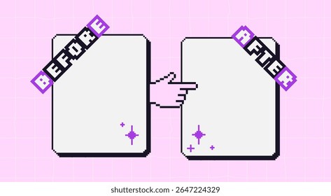 Before and after y2k pixel template. Retro 8 bit frames for photo comparison. Competition layout borders with vintage game stickers decoration. Empty vs challenge. Vector background illustration.
