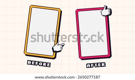 Before and after y2k pixel template. Retro 8 bit frames for photo comparison. Competition layout borders with vintage game stickers decoration. Empty vs challenge. Vector background illustration.