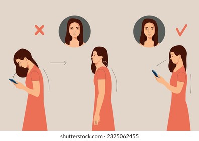 Before and after young woman body deformity.  Text neck, wrinkles, slouching as phone using results. Health lifestyle or cosmetic procedures infographic concept. Cartoon illustration. 