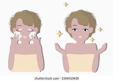 Before after young woman using cleansing soap. Flat vector illustration use for your project.