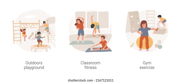 Before and afterschool physical exercise isolated cartoon vector illustration set. Outdoors playground, classroom fitness, gym exercise, kids motor development, sport for children vector cartoon.