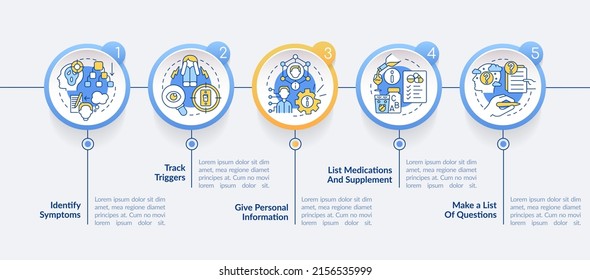 Before appointment with therapist circle infographic template. Data visualization with 5 steps. Process timeline info chart. Workflow layout with line icons. Lato-Bold, Regular fonts used