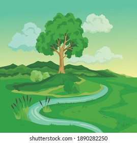 Before climate change desertification illustration. Global environmental problems. Hand drawn nature landscape with tree and green grass. Global warming concept