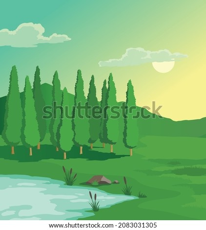 Before climate change. Global environmental potentional problems. Hand drawn nature landscape with tree, green grass and lake. Global warming concept