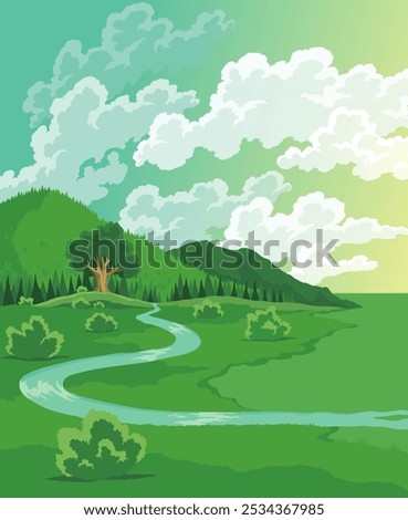 Before climate change. Global environmental potentional problems. Hand drawn nature landscape with tree, green grass and lake. Global warming concept