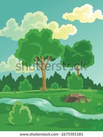Before climate change. Global environmental potentional problems. Hand drawn nature landscape with tree, green grass and river. Global warming concept