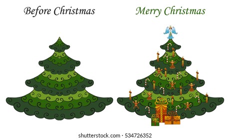 Before and during Christmas. Spot the difference. Fir tree ordinary and decorated with angel, candles, candy canes, gifts. Abstract vector isolated illustration. Hand-drawn collection. Eps 8.
