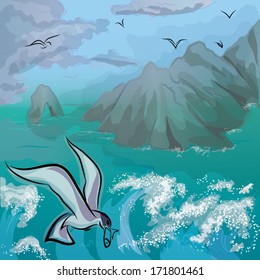 Before a gale. Seascape. Gulls gliding over a sea, one of that took fish, on background of uninhabited rocks.