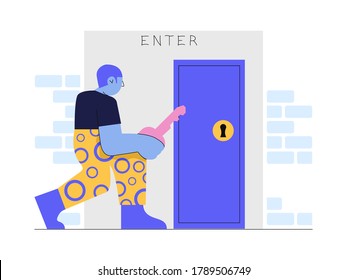 Before login into his room, user needs a keypass to open the lockdoor. Vector illustration with big object style.