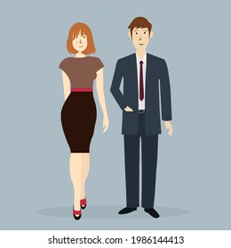 Before meeting Businessman and beauty businesswoman standing smiling pose in office wearing tie suit and work dress