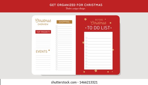 Before Merry Christmas organizer, planner, notepad, diary with vector hand drawn illustrations and handwritten calligraphy.  Happy new year vintage elements. Get organized for ChristmasReady for print