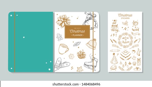 Before Merry Christmas organizer, planner, notepad, diary with vector hand drawn illustrations and handwritten calligraphy.  Happy new year vintage elements. Get organized for ChristmasReady for print