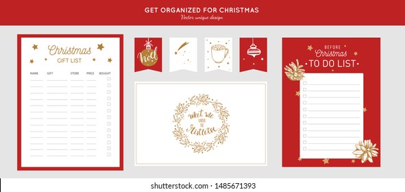Before Merry Christmas organizer, planner, notepad, diary with vector hand drawn illustrations and handwritten calligraphy.  Happy new year vintage elements. Get organized for Christmas