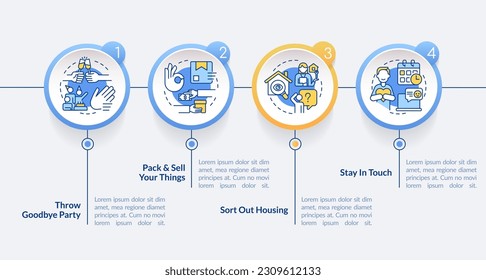 Before relocation tips circle infographic template. Advices for expats. Data visualization with 5 steps. Editable timeline info chart. Workflow layout with line icons. Lato-Bold, Regular fonts used