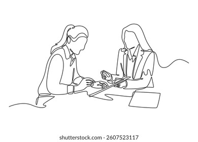 Before signing the woman reads the terms of the mortgage, lease or purchase agreement. Agreement business concept. Single line draw design. Vector graphic illustration