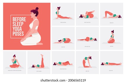 Before Sleep Yoga poses. Young woman practicing Yoga pose. Woman workout fitness, aerobic and exercises. Vector Illustration.	
