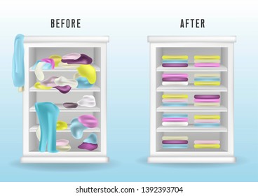 Before untidy and after tidy wardrobe. Messy clothes thrown on a shelf and nicely arranged clothes in piles and boxes. Realistic cleaning concept.