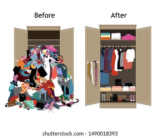 Before untidy and after tidy wardrobe. A lot of cheap, unfashionable, old messy clothes thrown out of closet and nicely arranged clothes in piles and boxes after the revision and organization. - Shutterstock ID 1490018393