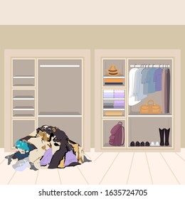 Before untidy and after tidy wardrobe. Opened closet with apparel hanging inside and pile of clothes on floor. Concept of minimalist capsule wardrobe. Cartoon vector illustration in flat style.