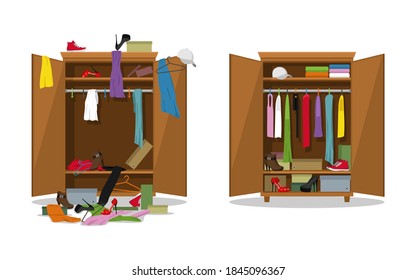 Before untidy and after tidy wardrobe. Woman clothings and shoes in mess and tidy organizing, opening dress closet with messy and organized clothes. Tidy and messy closet. Vector illustration