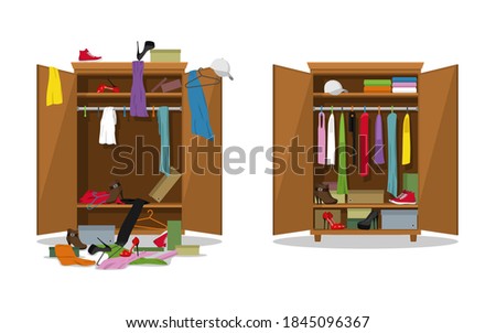 Before untidy and after tidy wardrobe. Woman clothings and shoes in mess and tidy organizing, opening dress closet with messy and organized clothes. Tidy and messy closet. Vector illustration