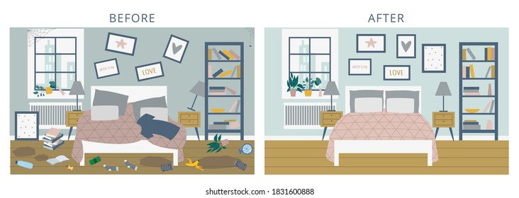 Before versus after bedroom comparison horizontal picture. Transformation from messy and dirty to clean and tidy room, flat cartoon vector illustration