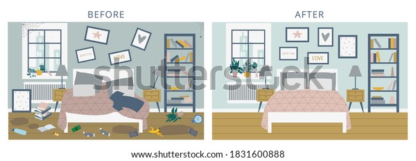 Before versus after bedroom comparison\
horizontal picture. Transformation from messy and dirty to clean\
and tidy room, flat cartoon vector\
illustration