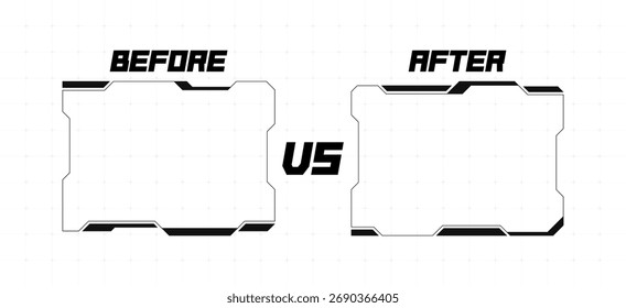Título Before vs After com quadros de HUD futuristas vazios para comparação. Antecedentes cibernéticos com grelha para a realização de desafios, concursos e comparações. Ilustração de vetor na moda